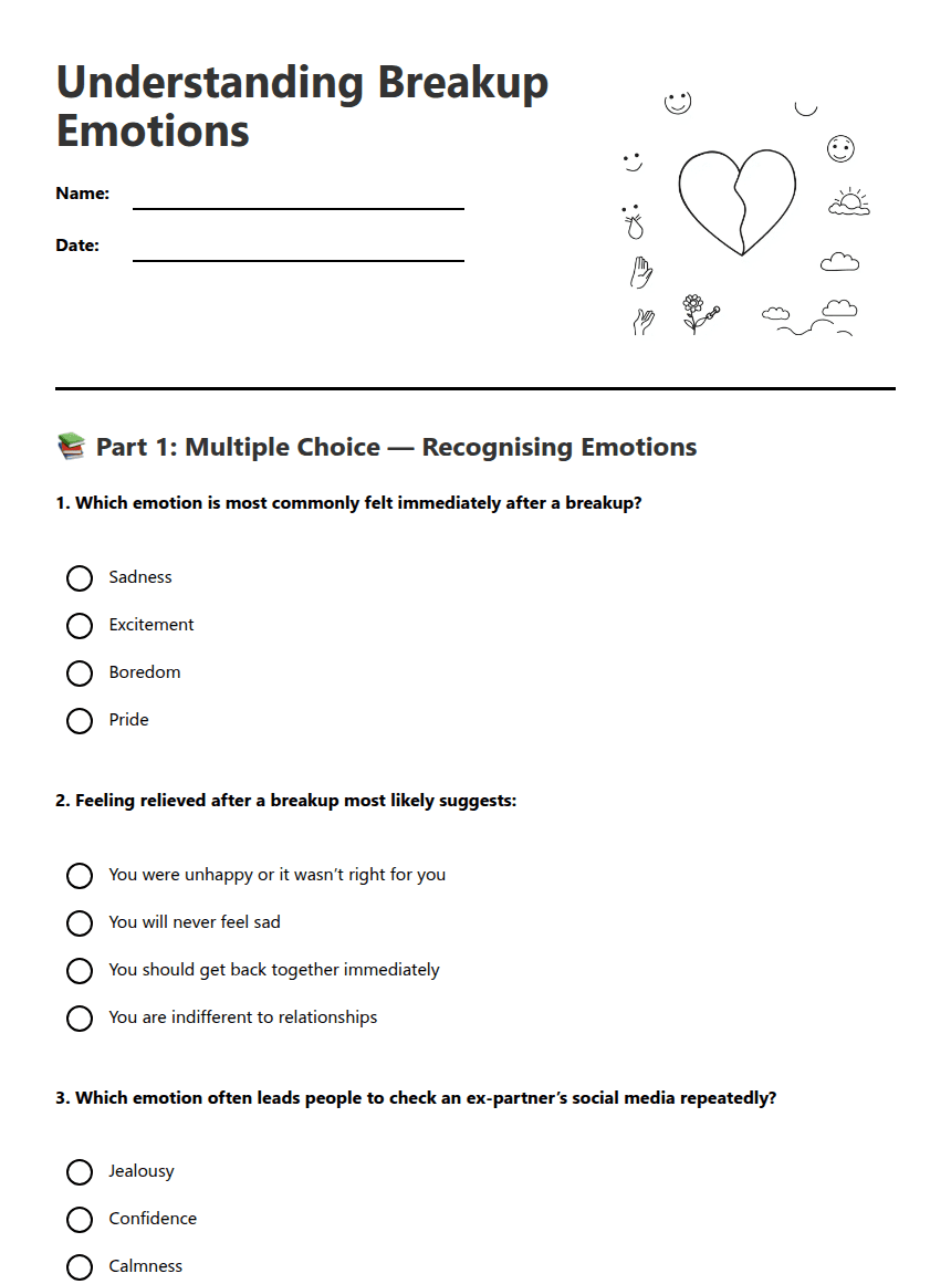 Understanding Breakup Emotions worksheet preview
