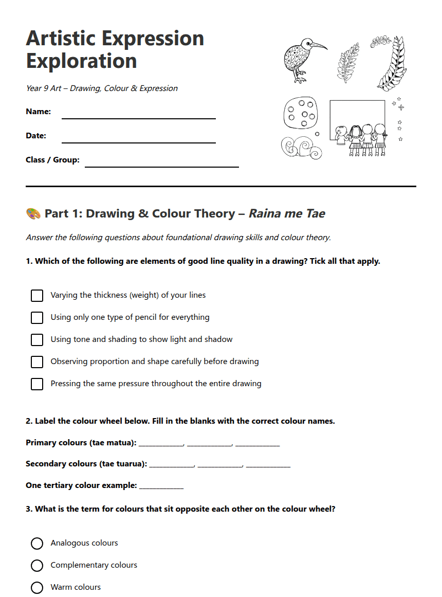 Artistic Expression Exploration worksheet preview