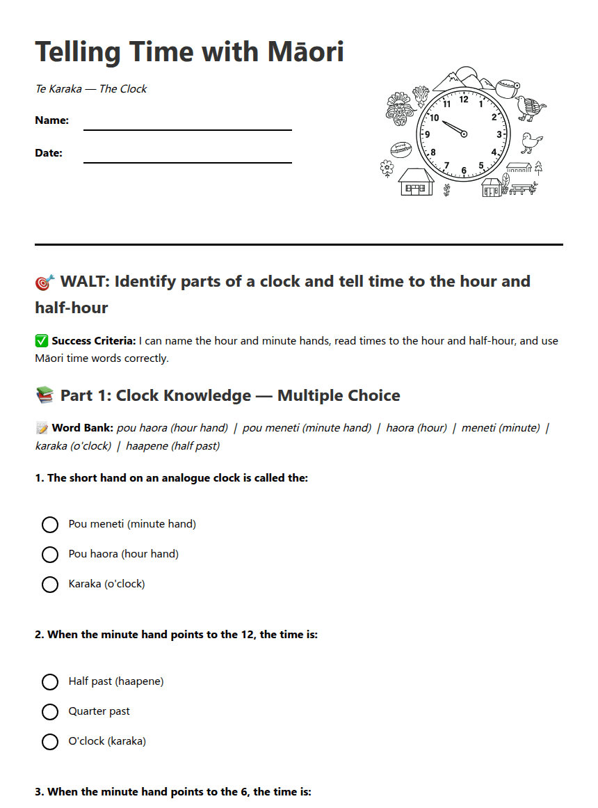 Telling Time with Māori worksheet preview