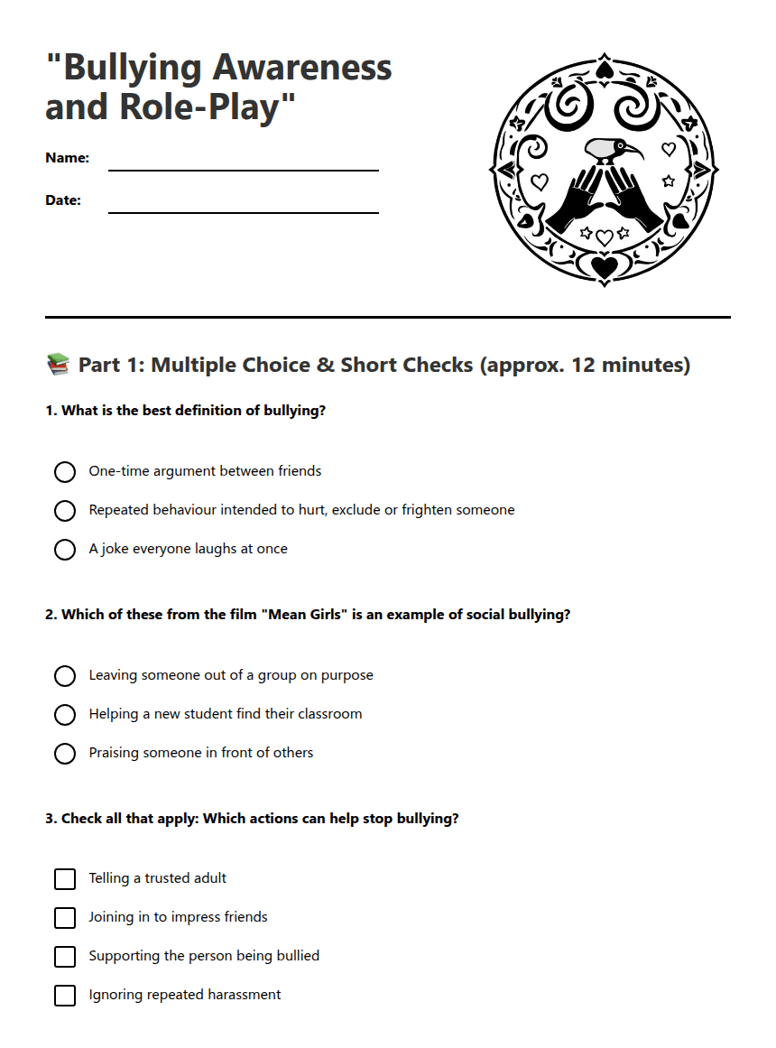 "Bullying Awareness and Role-Play" worksheet preview