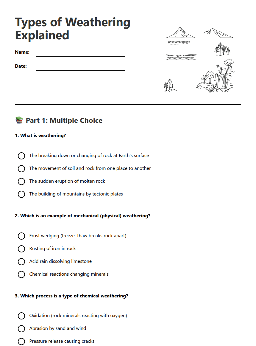 Types of Weathering Explained worksheet preview