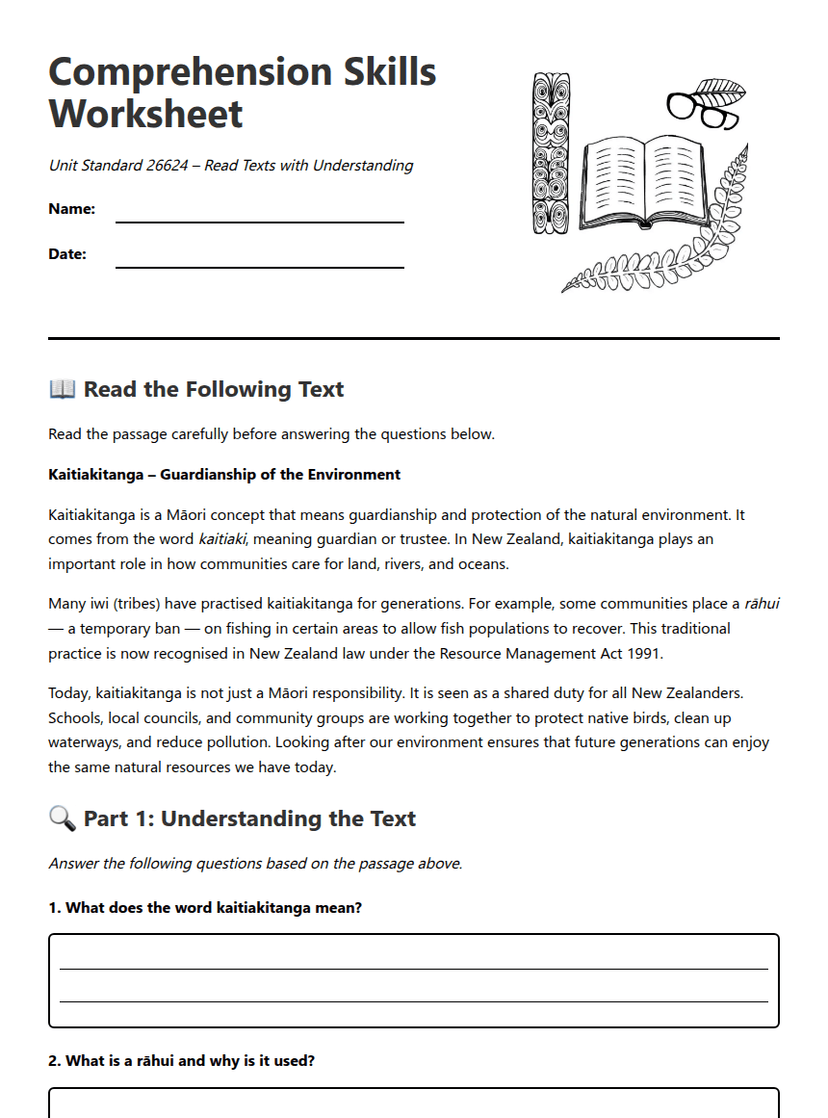 Comprehension Skills Worksheet