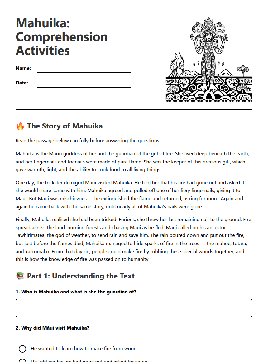 Mahuika: Comprehension Activities worksheet preview