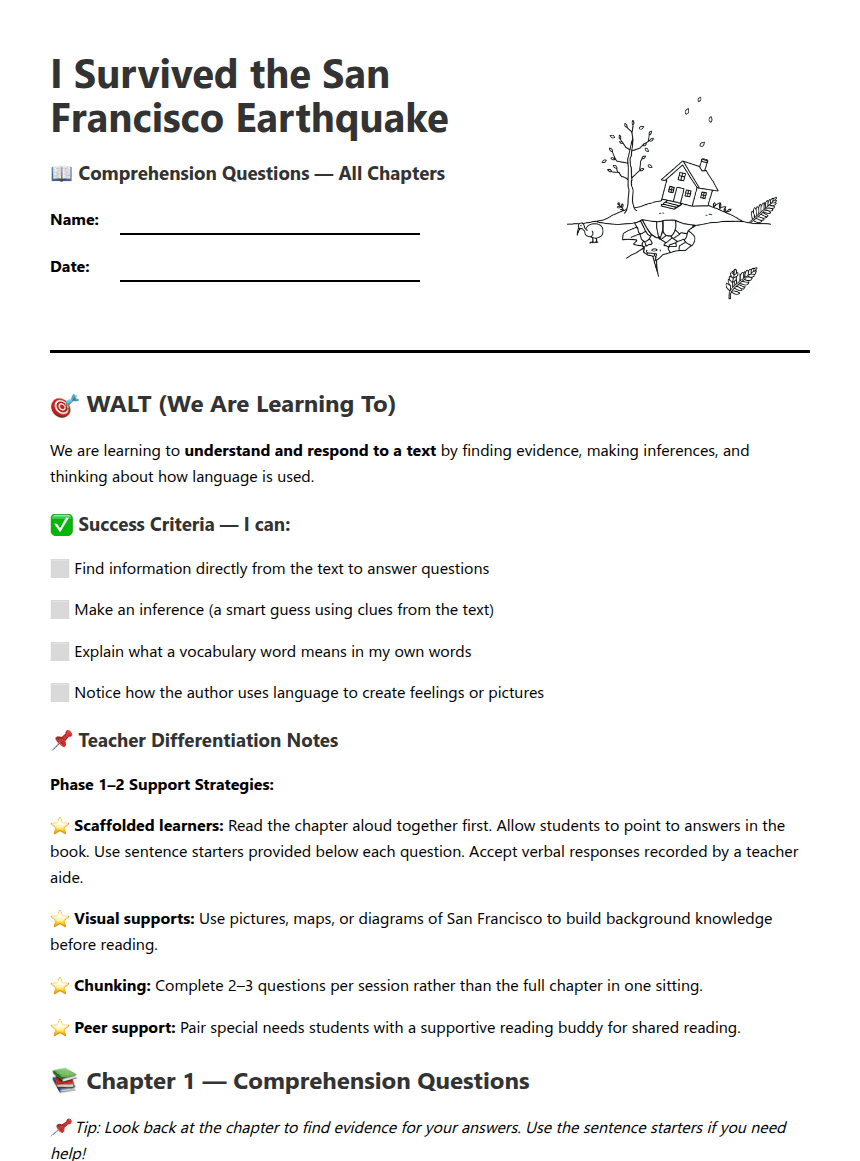 "I Survived: Comprehension Questions" worksheet preview