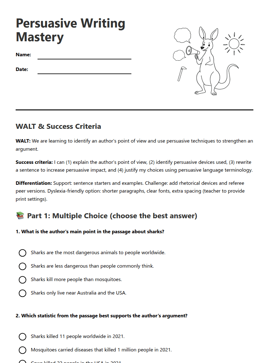 Persuasive Writing Mastery worksheet preview