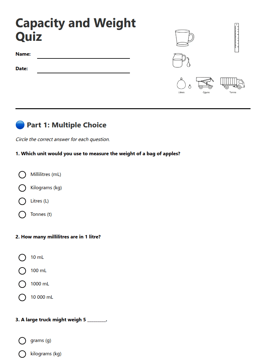 Capacity and Weight Quiz worksheet preview
