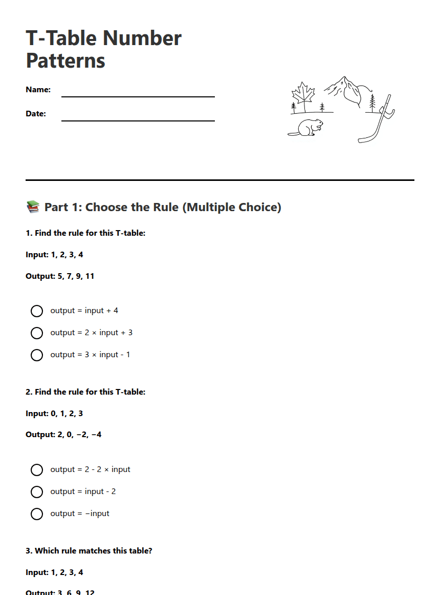 T-Table Number Patterns worksheet preview