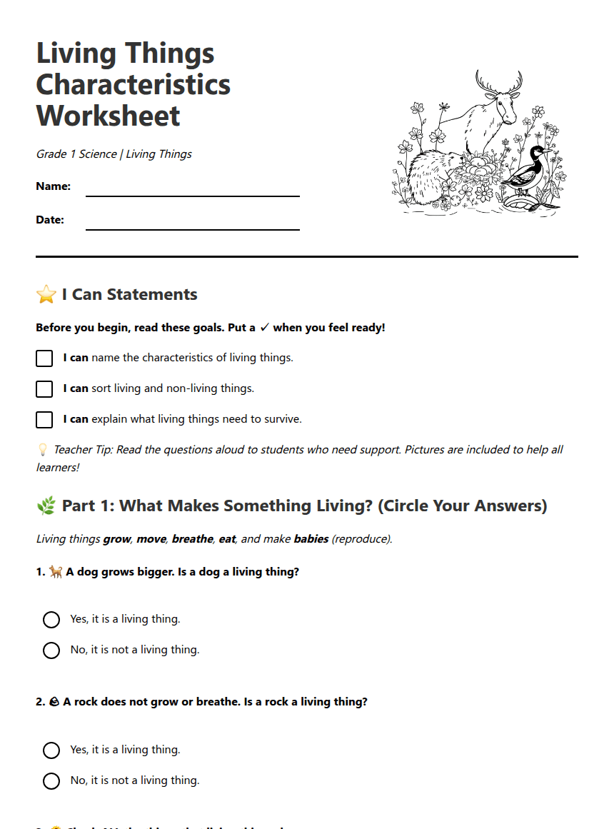 Living Things Characteristics Worksheet worksheet preview