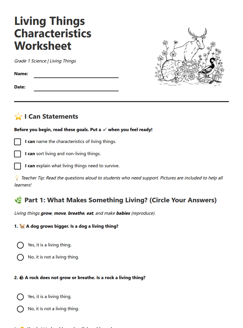 Living Things Characteristics Worksheet