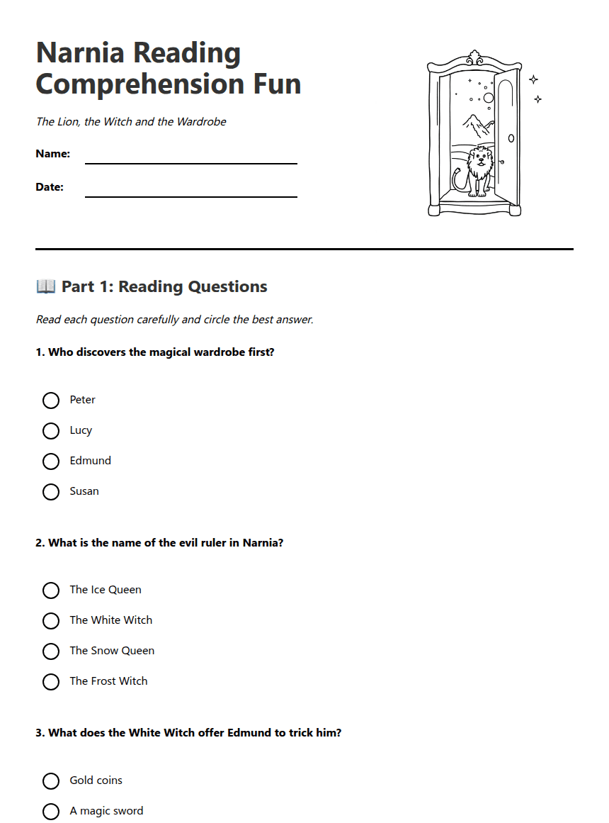 Narnia Reading Comprehension Fun worksheet preview