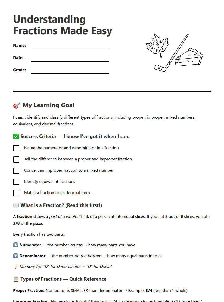Understanding Fractions Made Easy worksheet preview