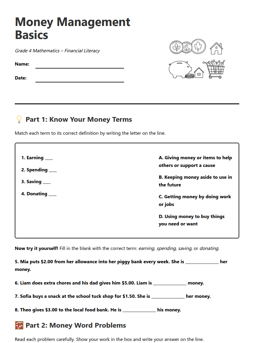 Money Management Basics worksheet preview