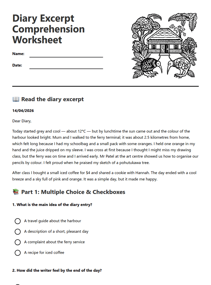 Diary Excerpt Comprehension Worksheet