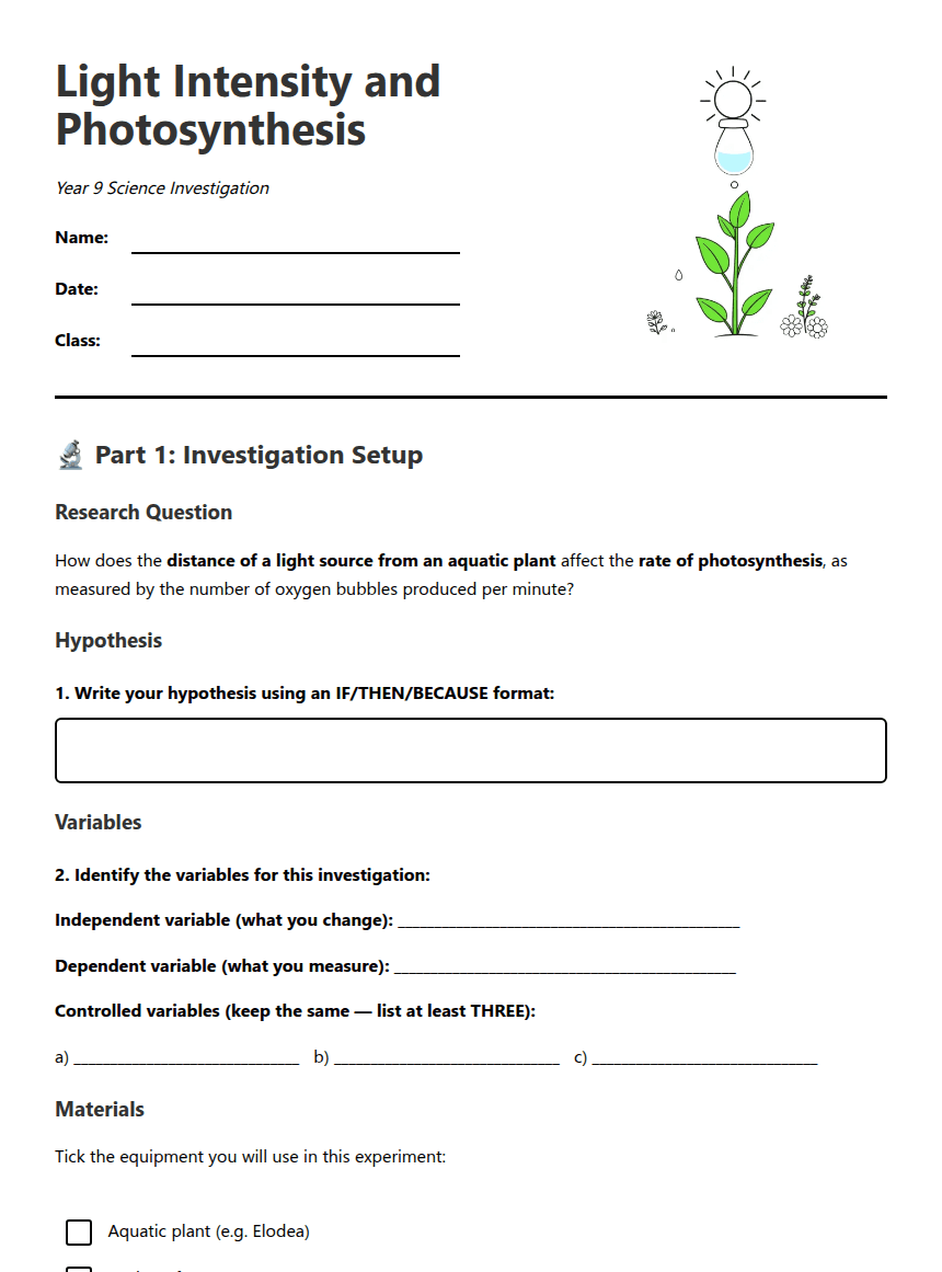 Light Intensity and Photosynthesis worksheet preview