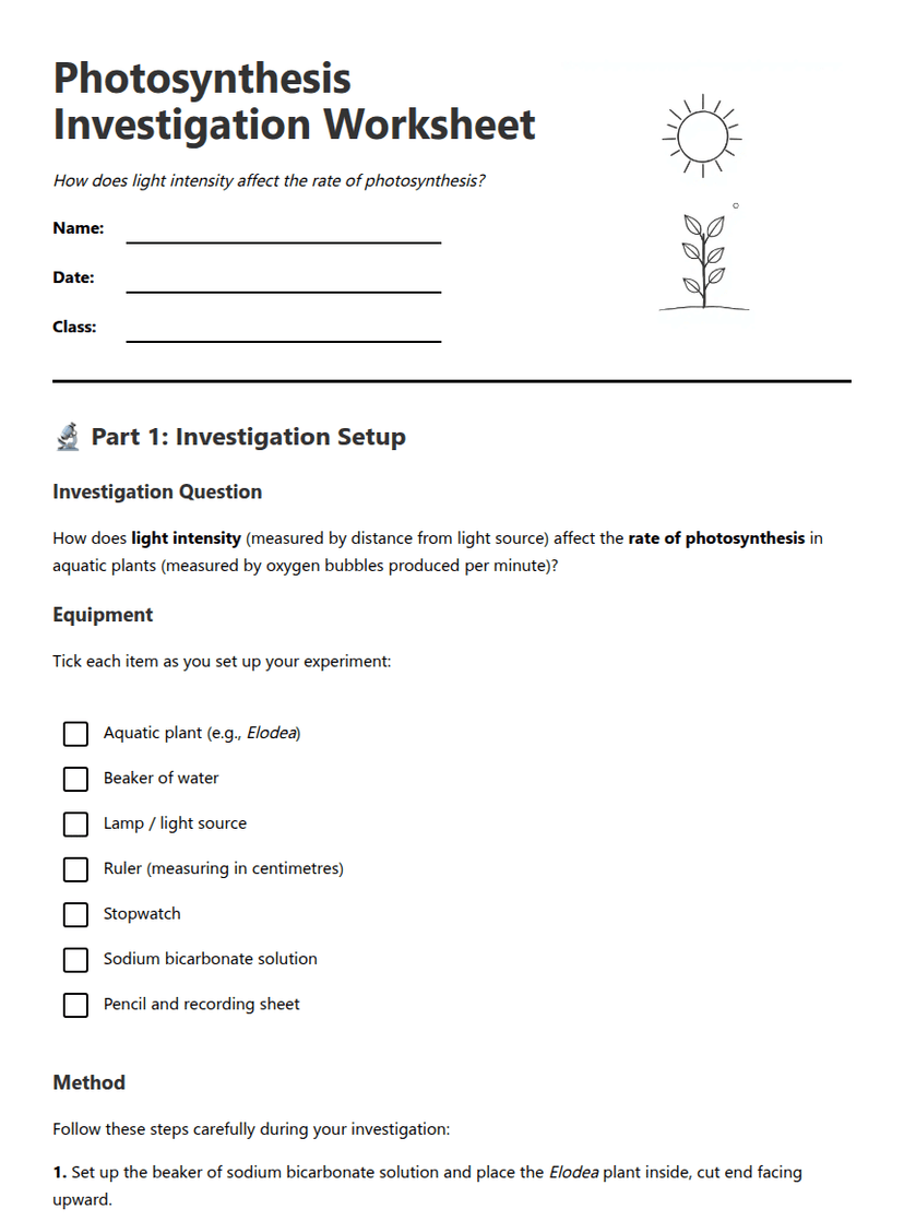 Photosynthesis Investigation Worksheet