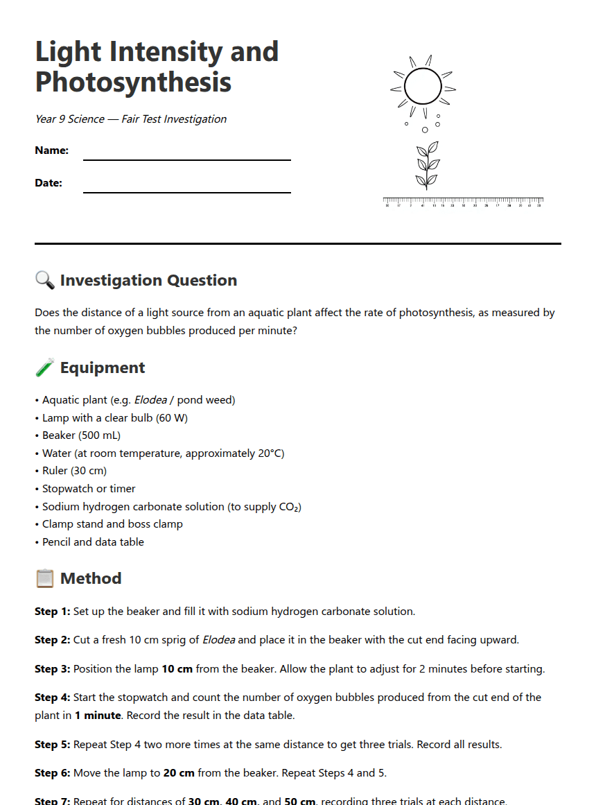 Light Intensity and Photosynthesis worksheet preview