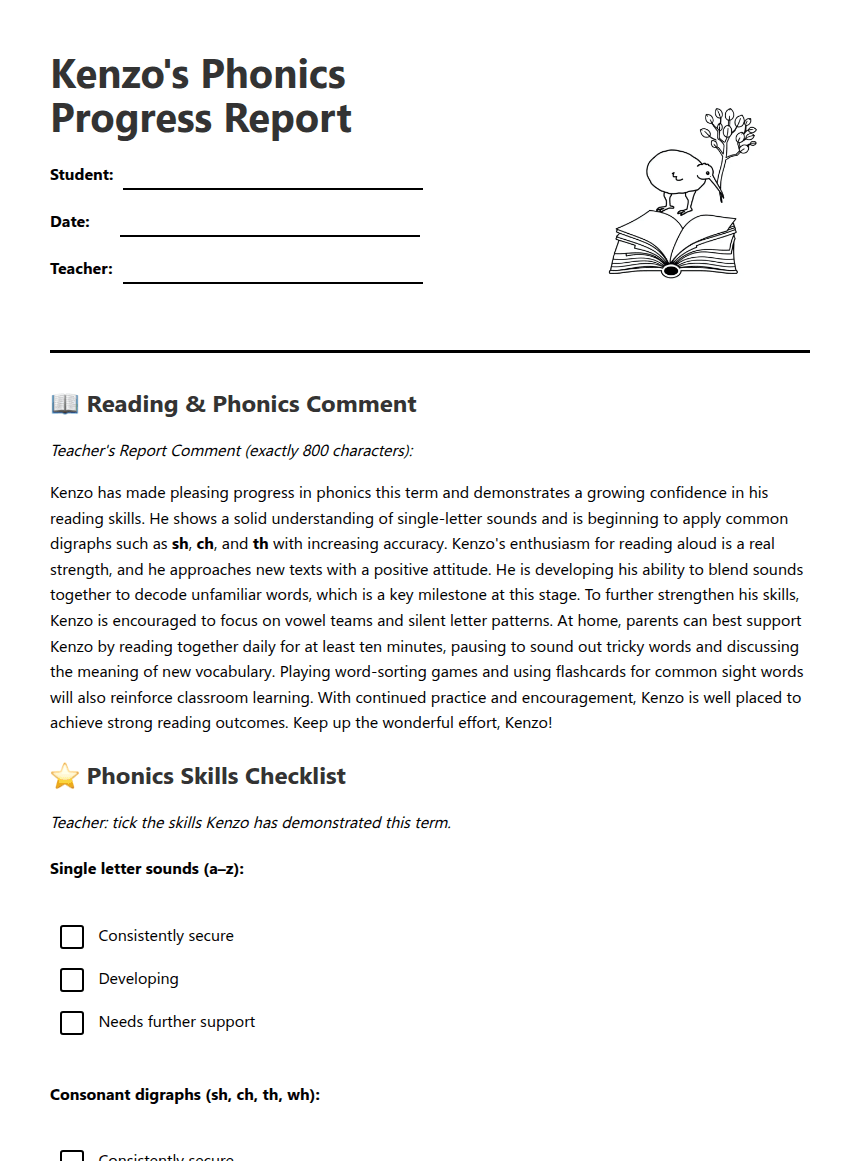 Kenzo's Phonics Progress Report worksheet preview