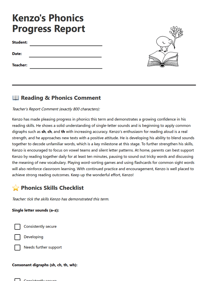 Kenzo's Phonics Progress Report