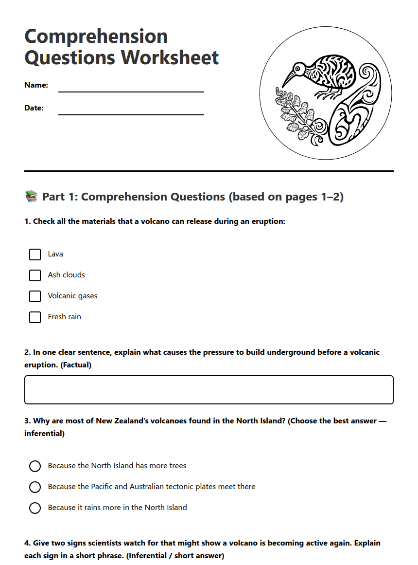 Comprehension Questions Worksheet worksheet preview
