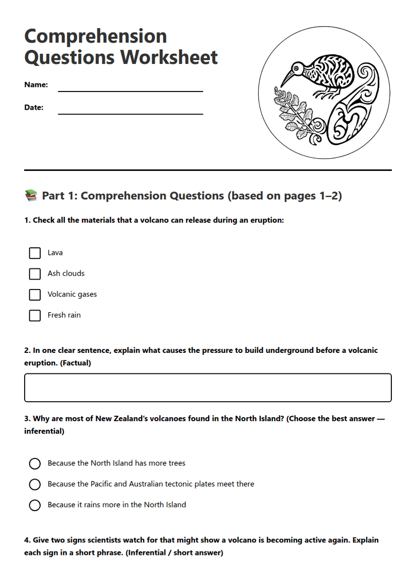 Comprehension Questions Worksheet