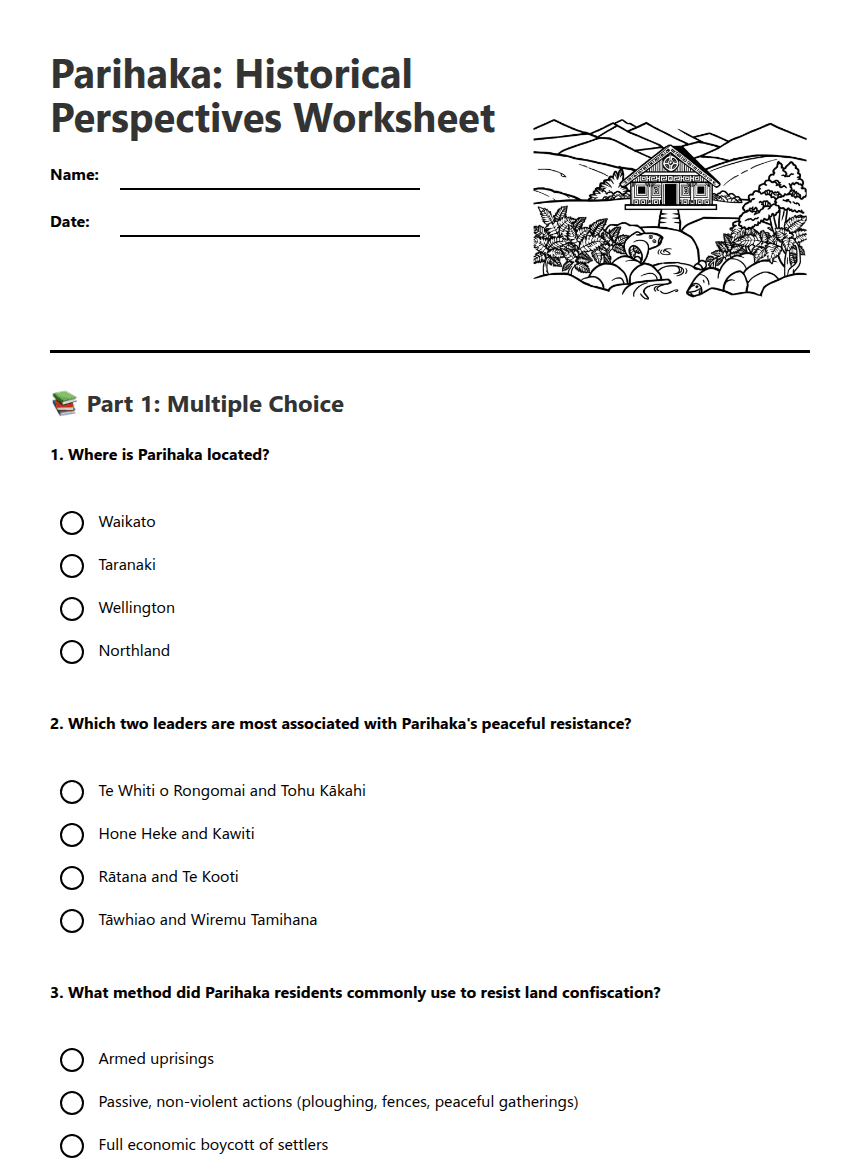 Parihaka: Historical Perspectives Worksheet worksheet preview