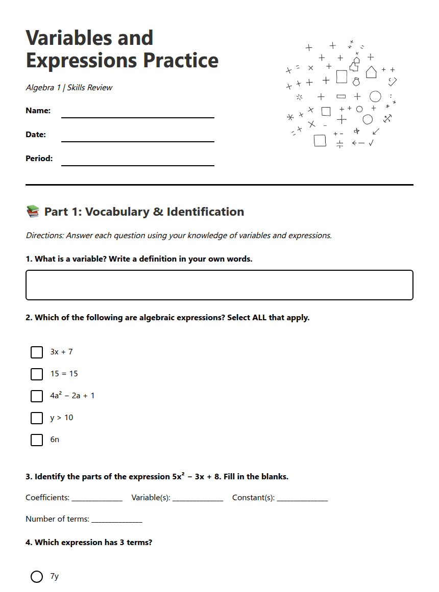 Variables and Expressions Practice worksheet preview