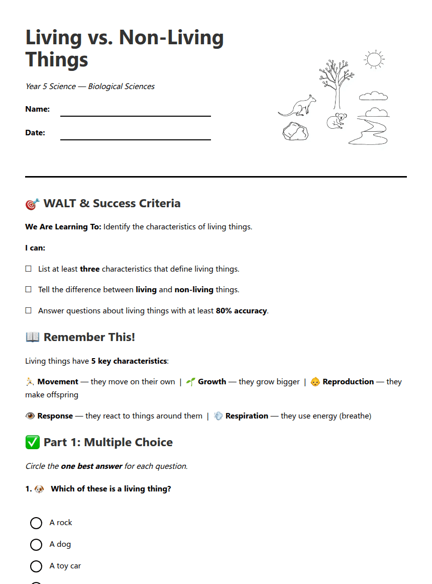 Living vs. Non-Living Things worksheet preview