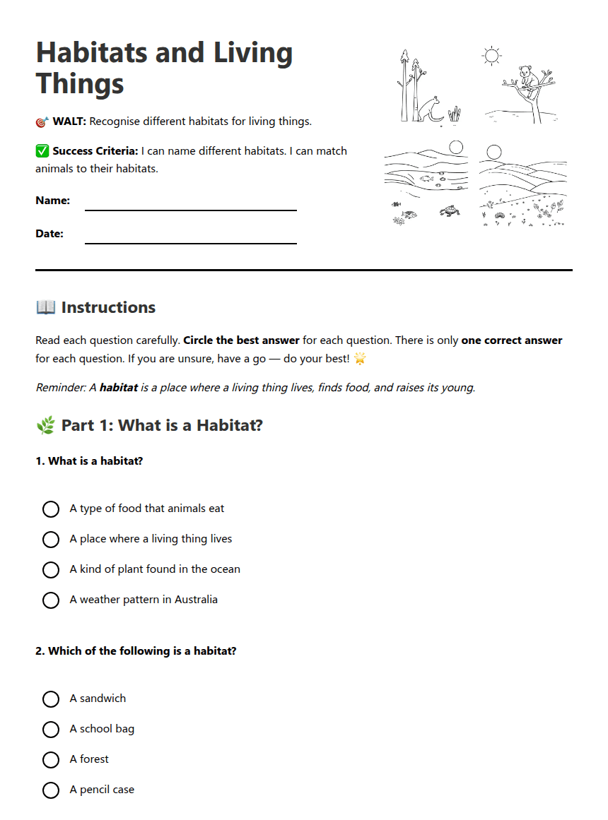 Habitats and Living Things worksheet preview