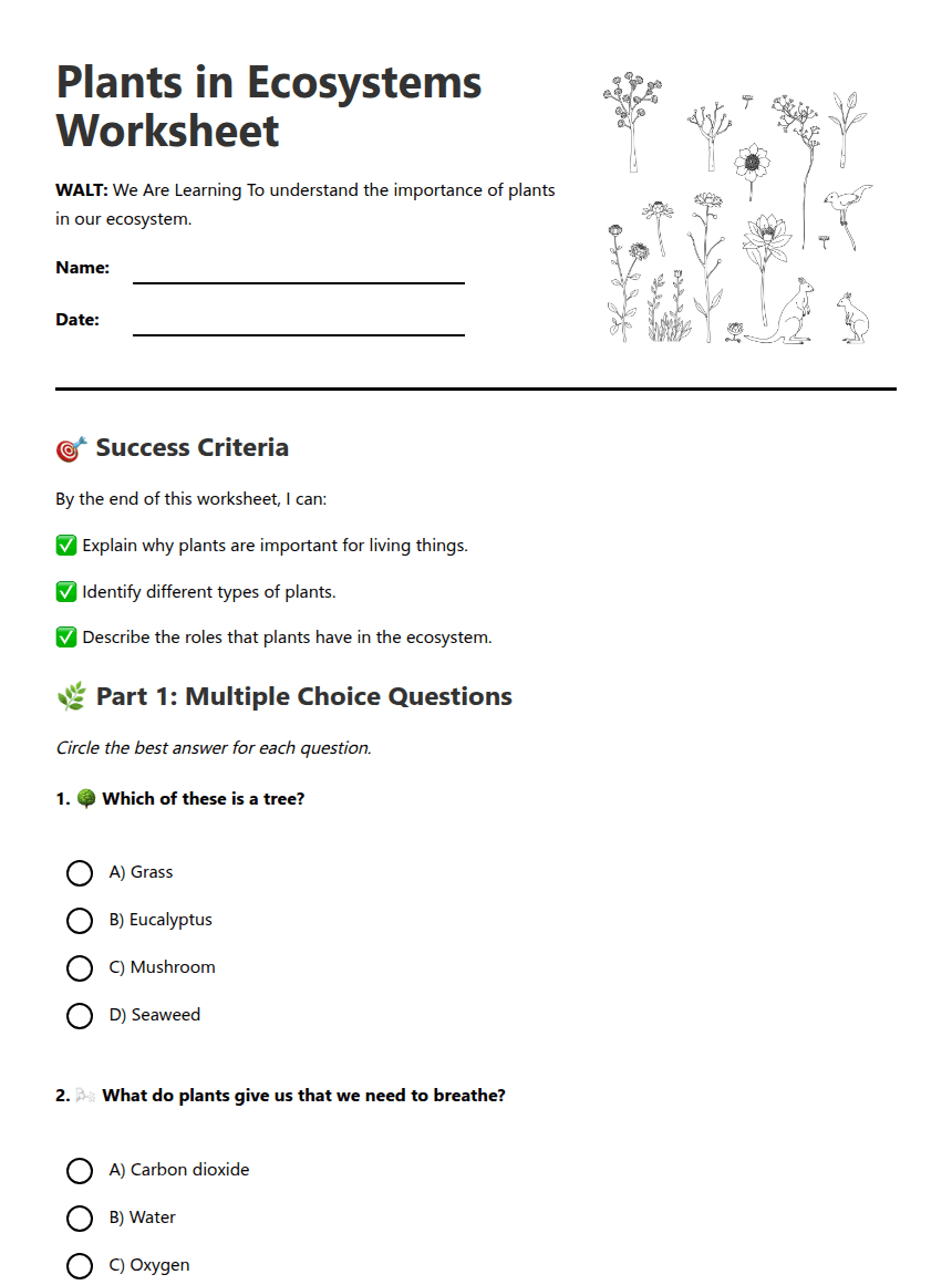 Plants in Ecosystems Worksheet worksheet preview