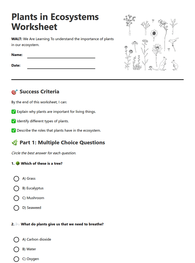 Plants in Ecosystems Worksheet
