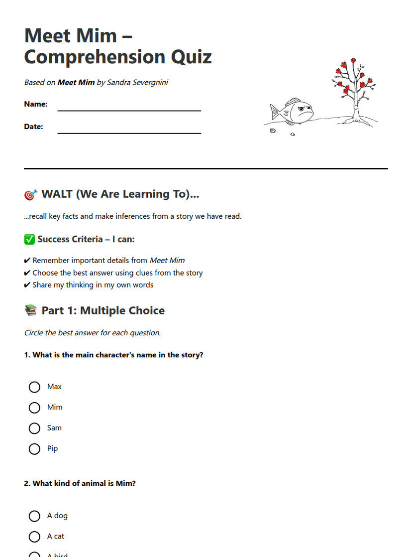 "Meet Mim Comprehension Quiz"