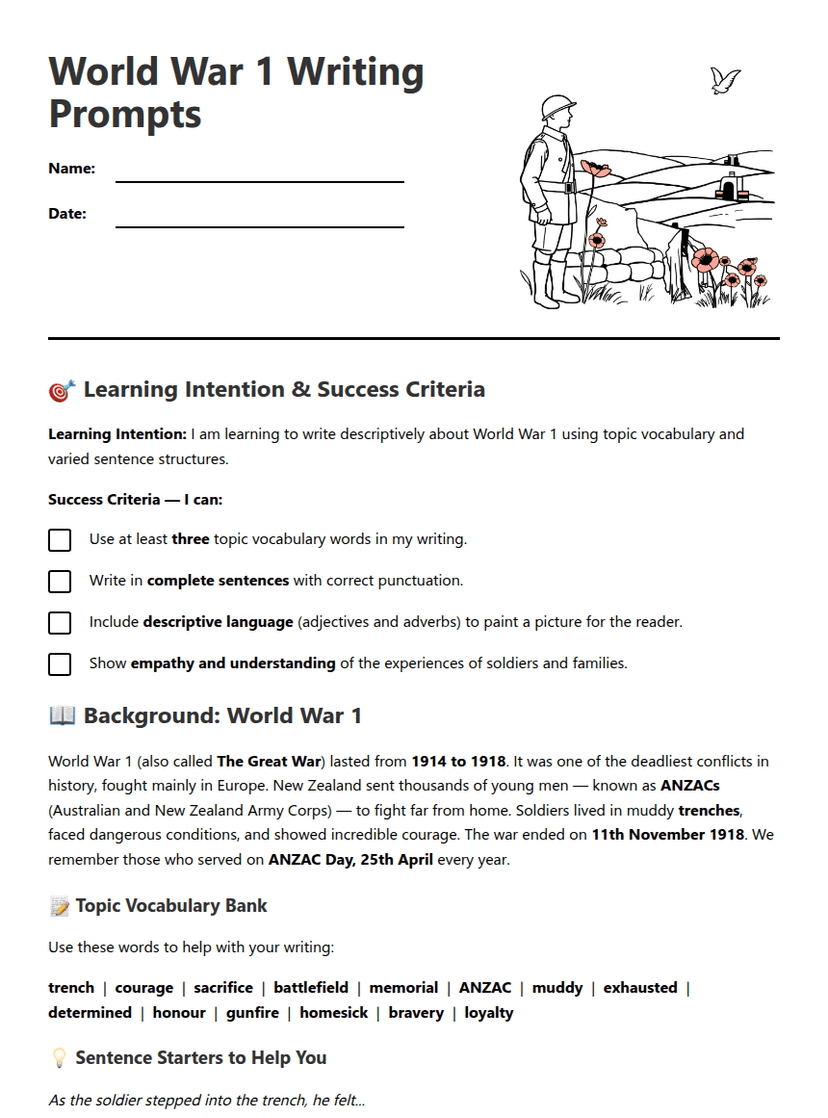 World War 1 Writing Prompts