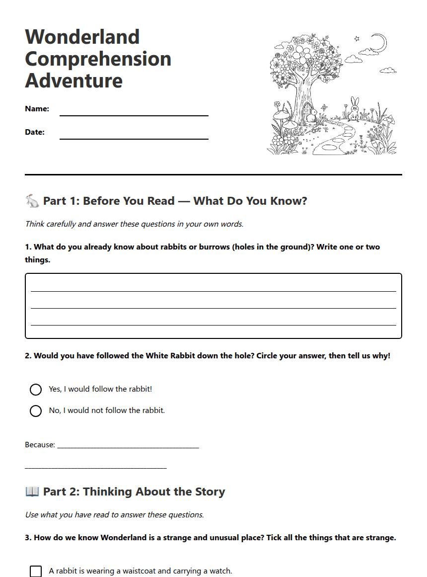 Wonderland Comprehension Adventure worksheet preview