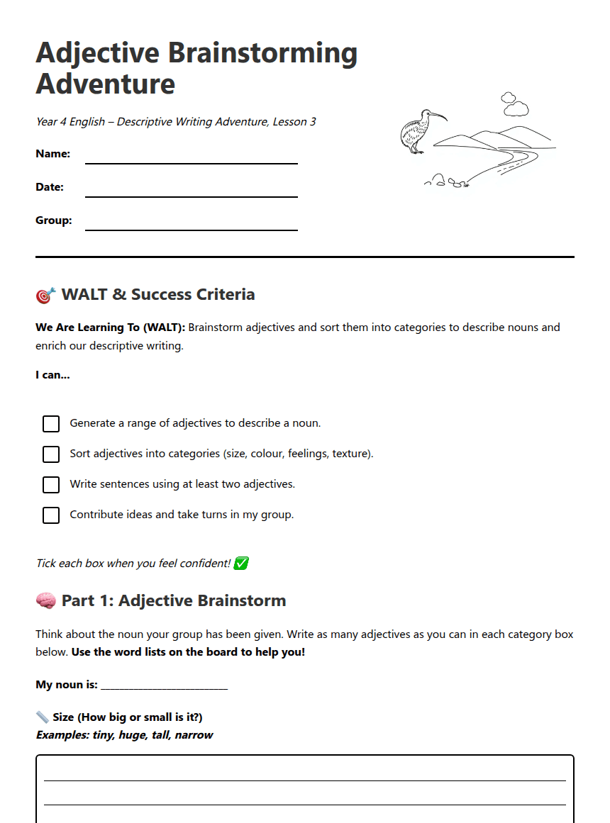 Adjective Brainstorming Adventure worksheet preview
