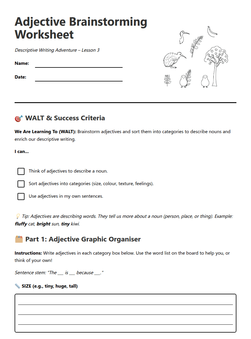 Adjective Brainstorming Worksheet worksheet preview