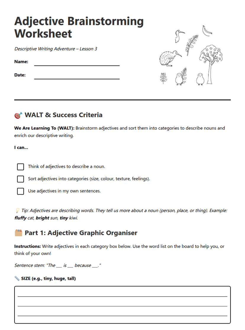 Adjective Brainstorming Worksheet