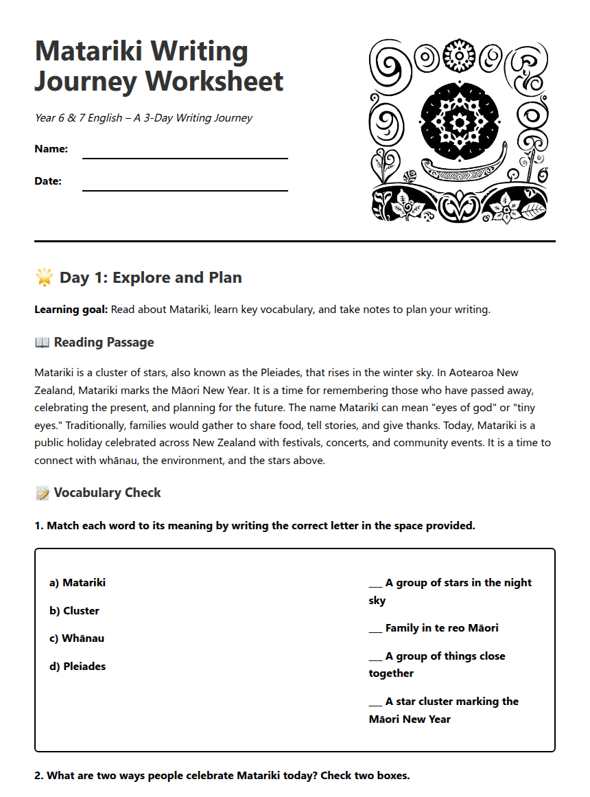 Matariki Writing Journey Worksheet worksheet preview