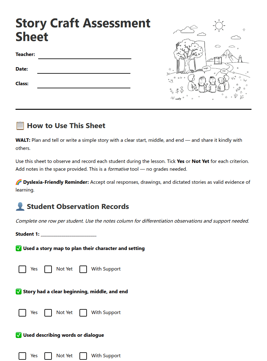 Story Craft Assessment Sheet worksheet preview