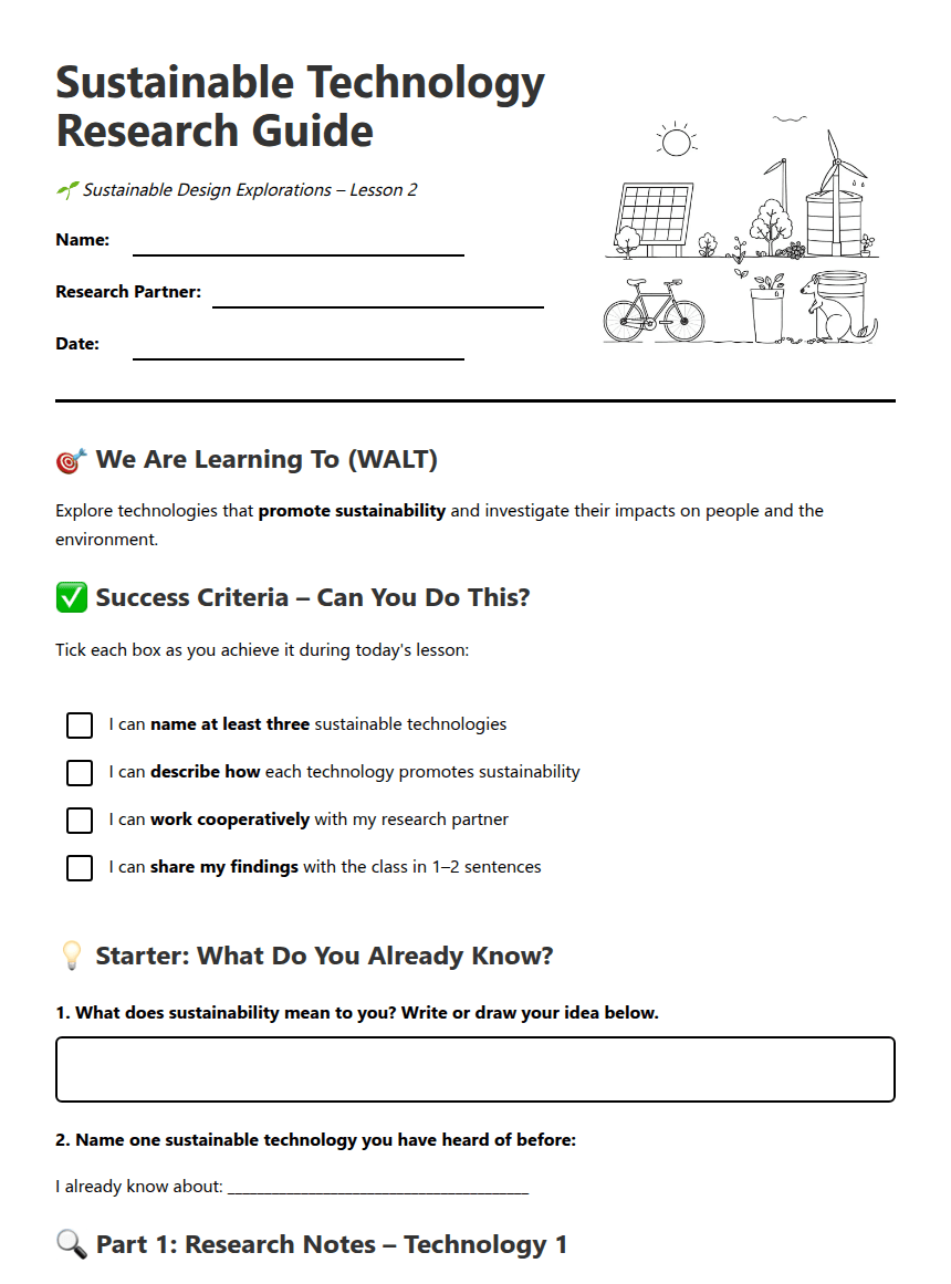Sustainable Technology Research Guide worksheet preview