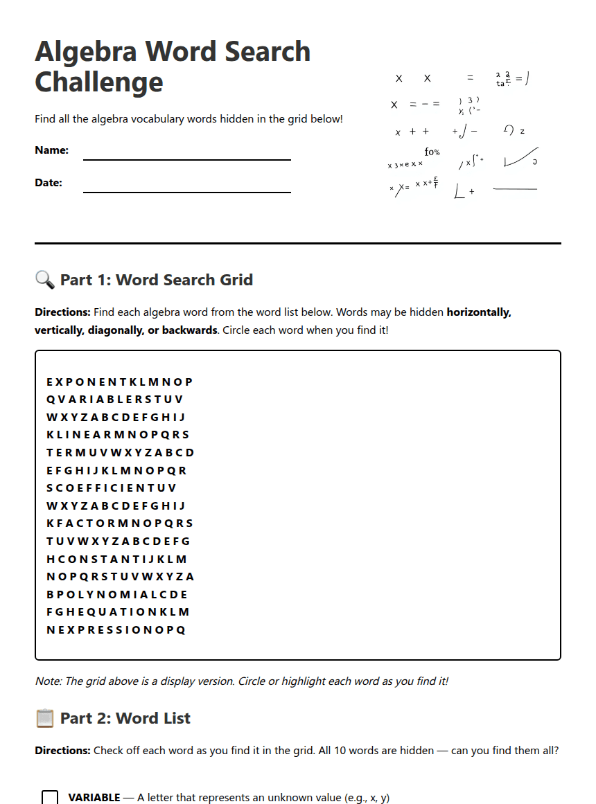 Algebra Word Search Challenge worksheet preview