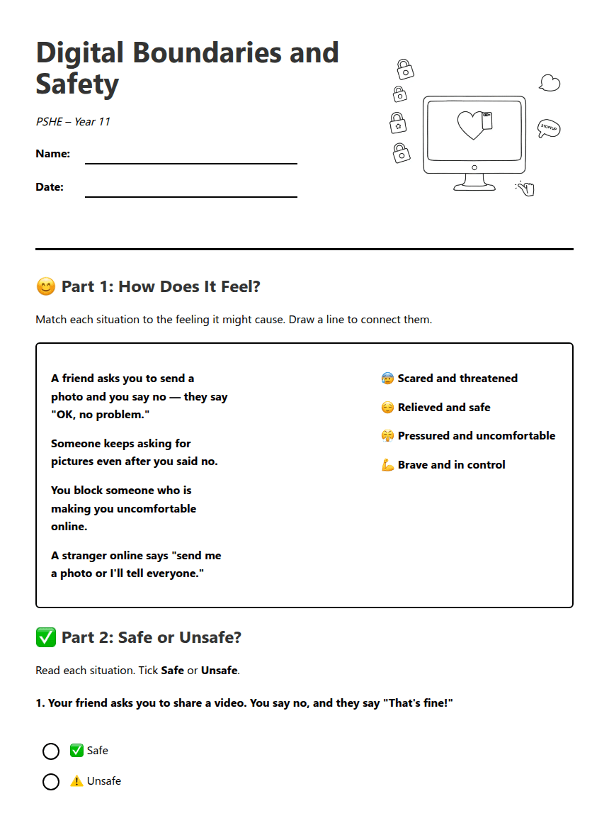 Digital Boundaries and Safety worksheet preview
