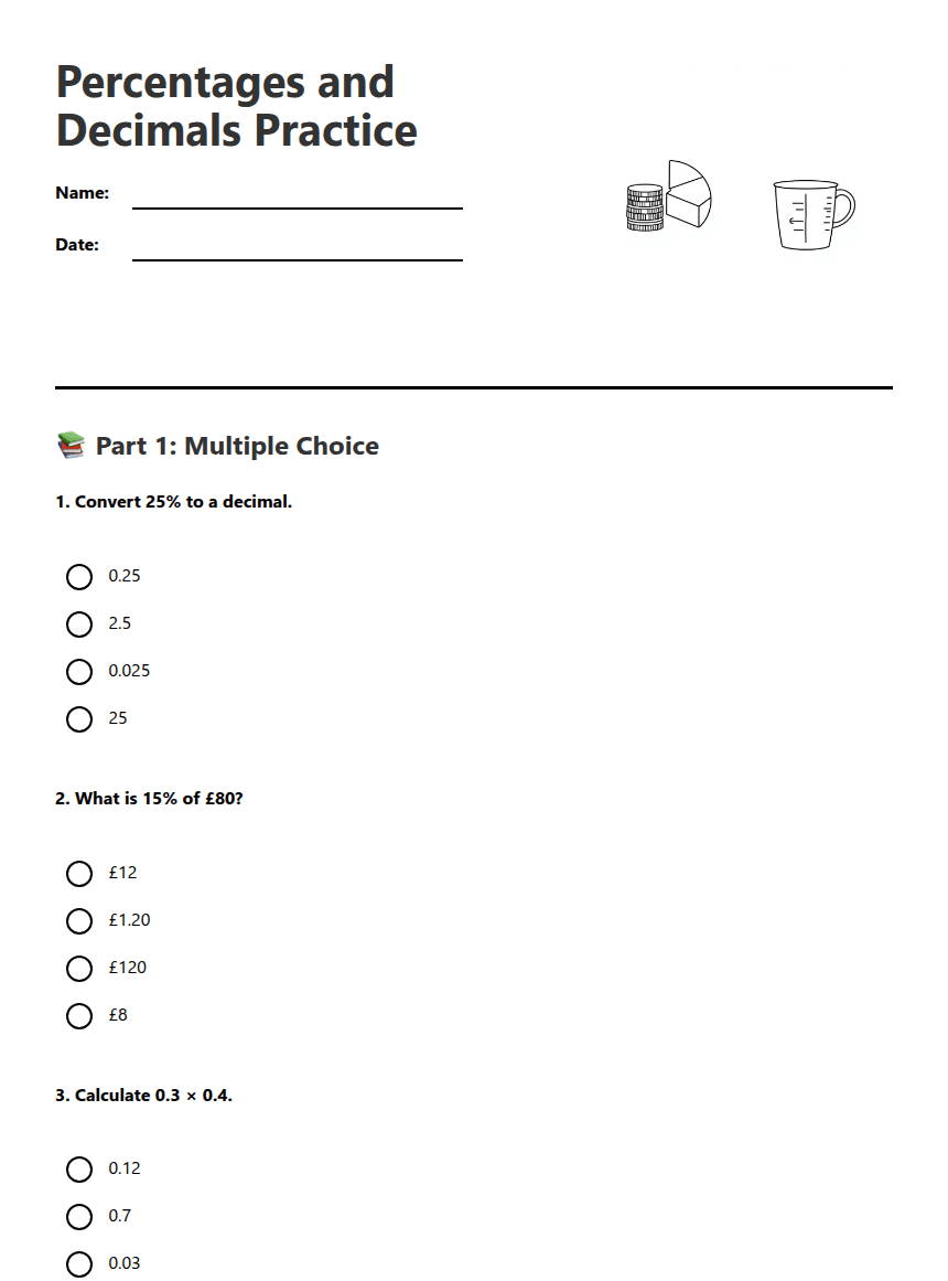 Percentages and Decimals Practice worksheet preview