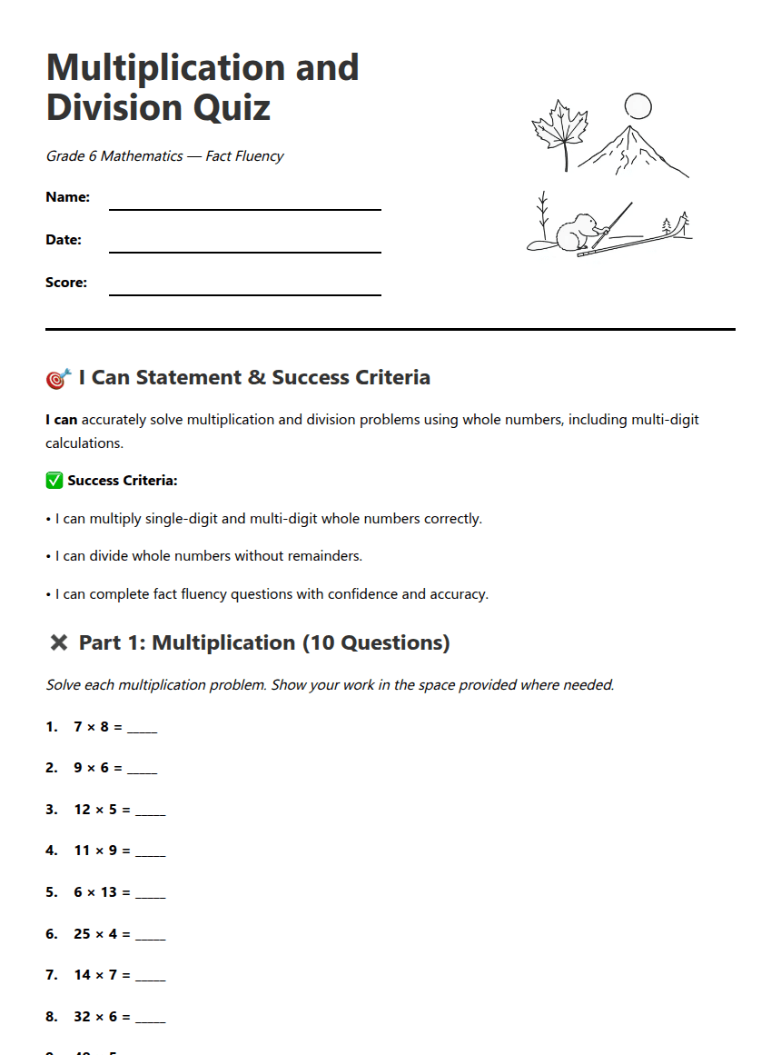 Multiplication and Division Quiz worksheet preview