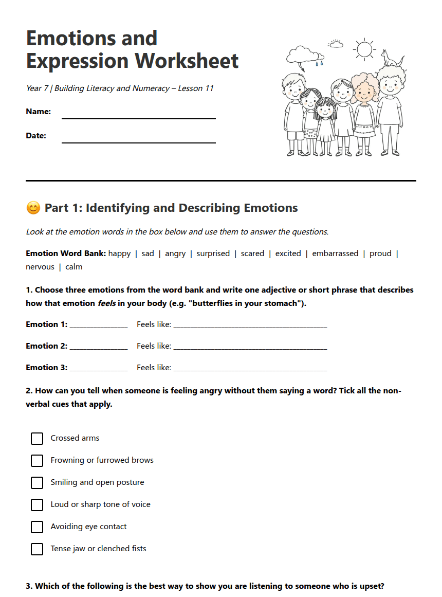 Emotions and Expression Worksheet worksheet preview