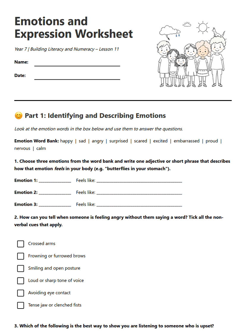 Emotions and Expression Worksheet
