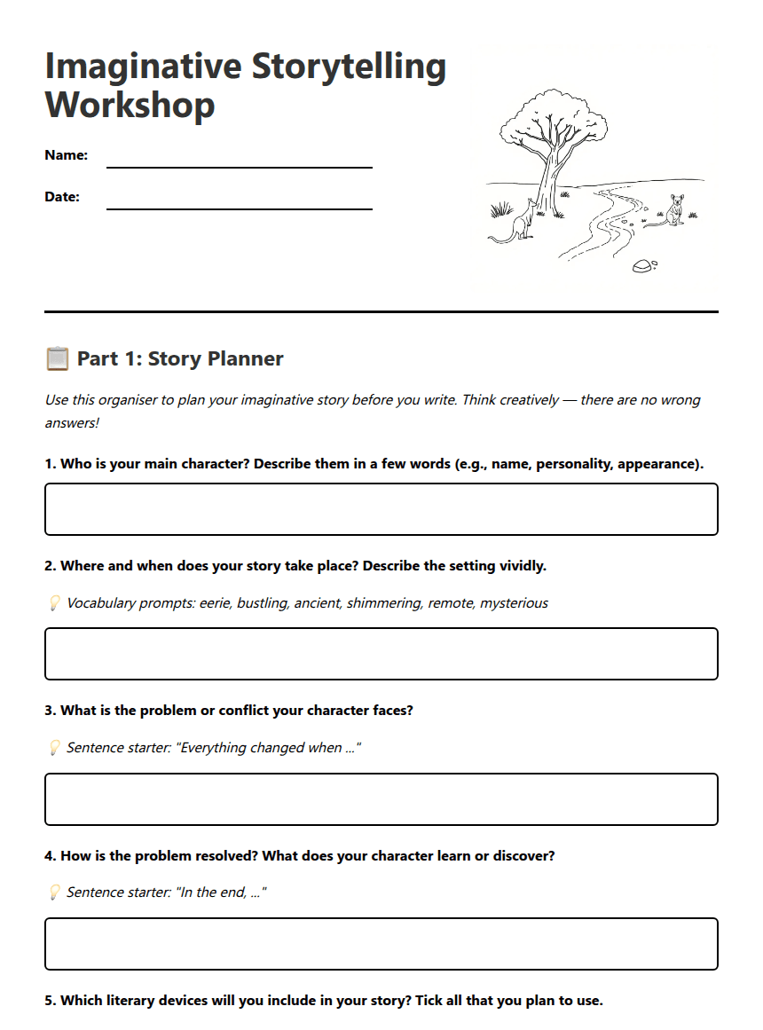 Imaginative Storytelling Workshop worksheet preview