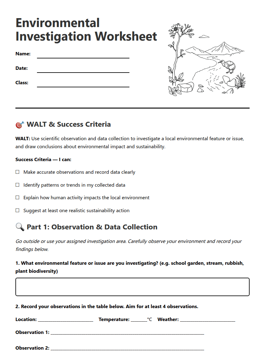 Environmental Investigation Worksheet worksheet preview