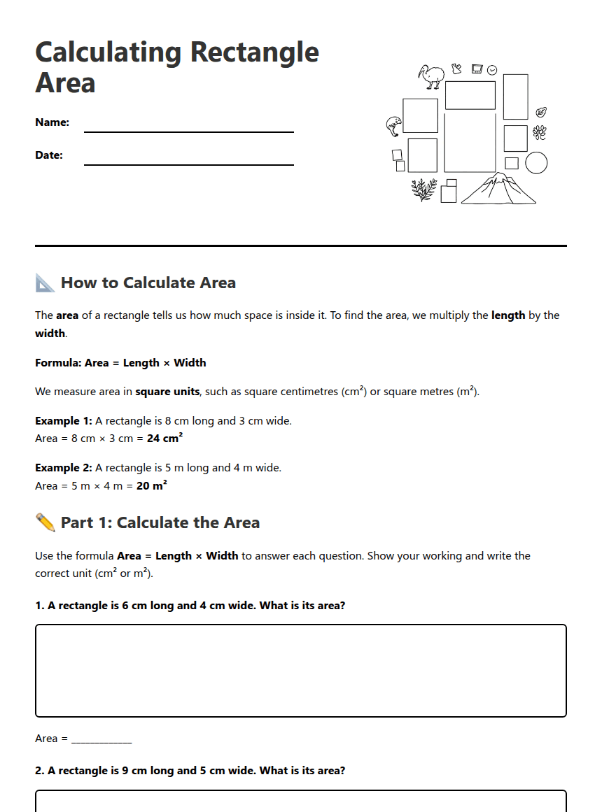 Calculating Rectangle Area worksheet preview