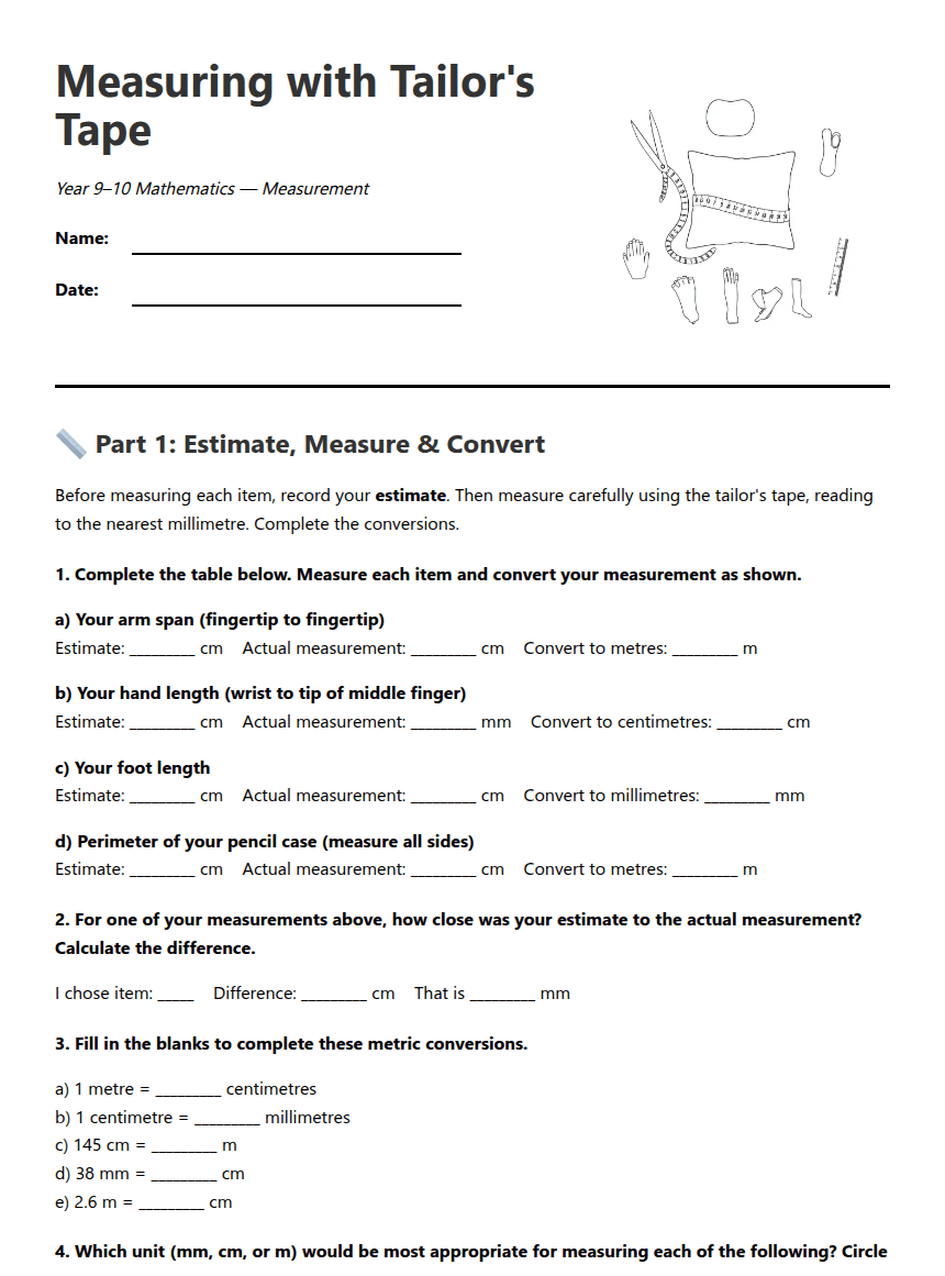 Measuring with Tailor's Tape worksheet preview