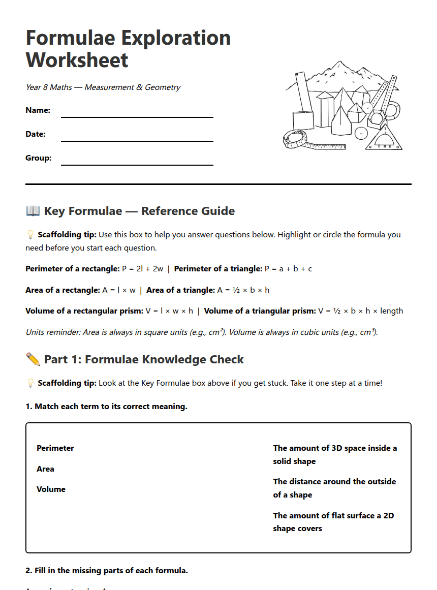 Formulae Exploration Worksheet worksheet preview